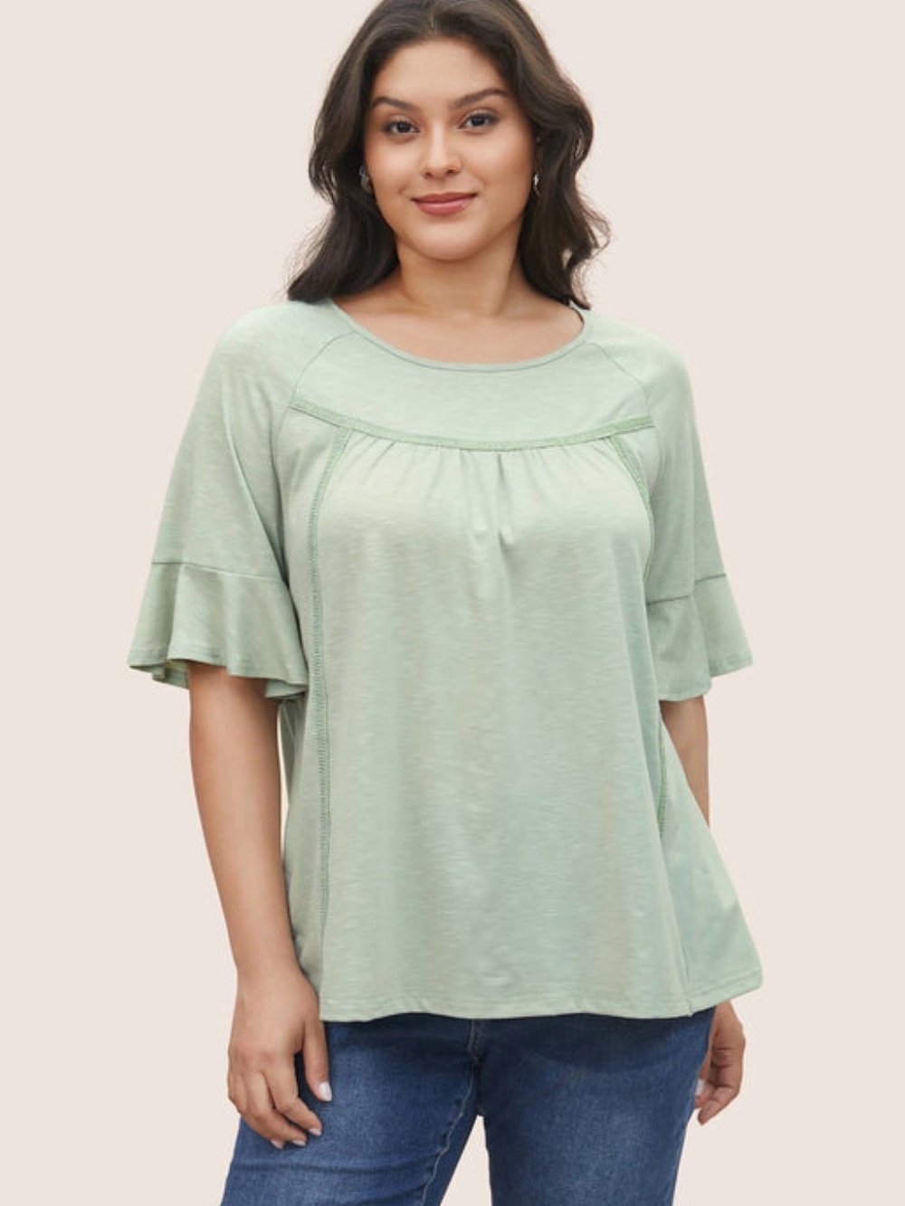 BloomChic Round Neck Gathered Ruffles Top Light Green Half Sleeve Size 14-16 EUC